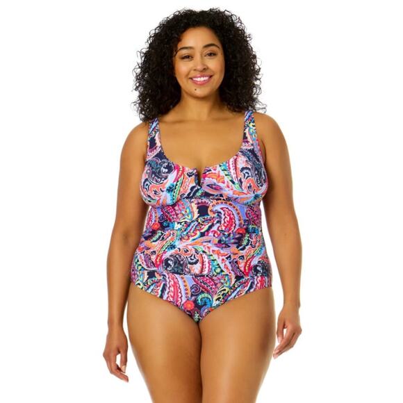 Ann Cole Women's Paisley Parade V-Wire One Piece Swimsuit Plus Size 20 Multi NWT - Picture 1 of 10